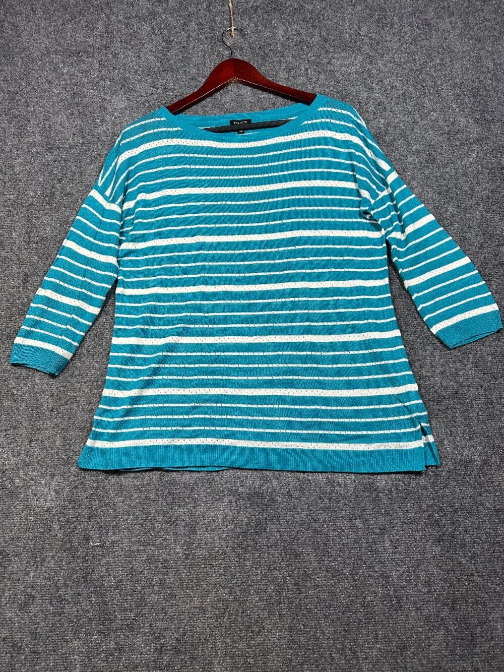 Talbots Sweater Womens Medium Linen Blend Turquoise Lightweight Knit 3/4 Sleeve